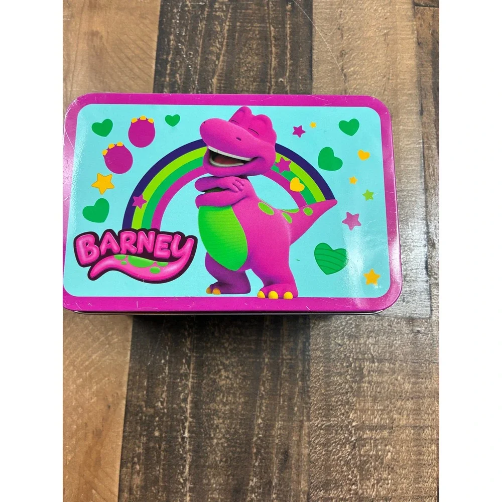 Barney the Dinosaur Metal Storage Tin Collectible Rainbow Friends Teal Purple